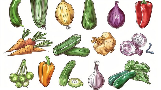 Farm food price list template for vegetables. With bell peppers, carrots, cabbages, cucumbers, kohlrabis, potatoes, green peas, leeks and squash.