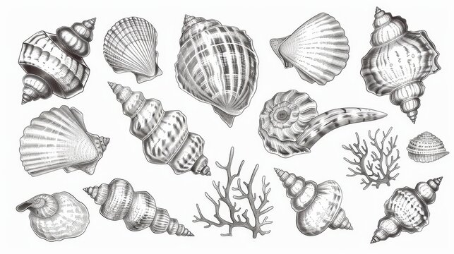 A seashell frame of sketched mollusks and coral of marine clams, snails, chitons, tusks, scallops, nautiluses, and cockleshells.
