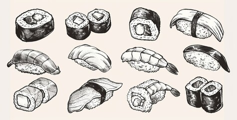 In a modern sketch style, sushi, sashimi, and rolls. Nigiri, maki, seaweed nori, tuna, caviar, and avocado set. Uramaki, inari, gunkan or temaki sushi.