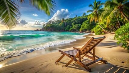 Serenity exudes from a vacant wooden deck chair on a sun-kissed tropical beach surrounded by lush greenery and turquoise ocean waves.