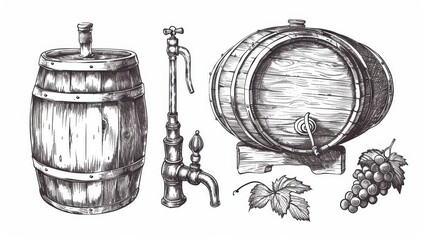 Isolated sketch of a wooden container with a tap. Ideal for beverages like wine and beer.