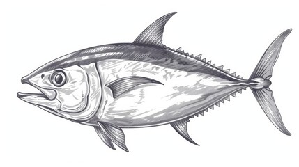 Fototapeta premium Grizzled scombridae mackerel, a predatory schooling fish, isolated in monochrome. Modern fishing sport mascot, tunny underwater animal.