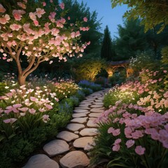 Stone Path in a Flower Garden at Twilight.