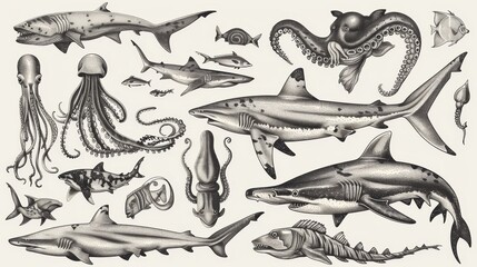 A collection of modern sketches of squids, sharks, and hammerhead sharks. Ancient map design elements. Vintage hand-drawn deep sea monsters with engraved tentacles, tails, and fins.