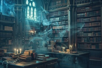 A spooky library filled with ancient books, flickering candles, and ghostly apparitions, creating an eerie and mysterious atmosphere
