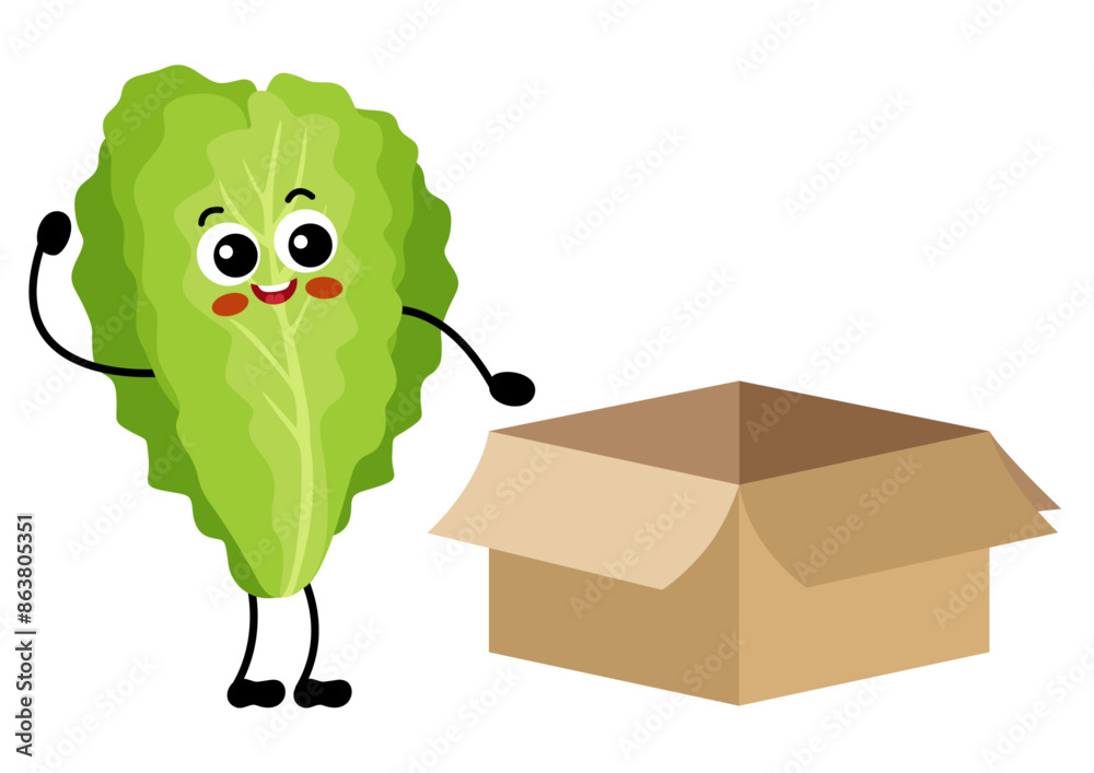 Poster funny lettuce character mascot with open cardboard box