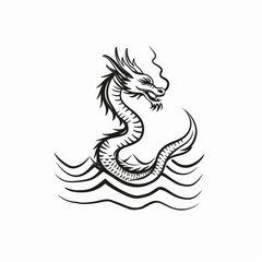 An isolated monochrome sketch of a Bakunawa serpent-like dragon from Philippine mythology sitting in waves on the sea or ocean. A modern mythological creature from the underworld, a vintage giant