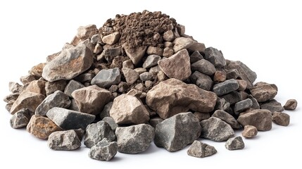 side view on pile of rocks covered in dirt isolated on white background