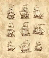 Old sail ships and sailboats on parchment scroll paper background with hand drawn historic ships and sailboats, bayan engraved frigates and battleships.