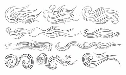Wind doodle effects, hurricane blows, winds and waves, modern cartoon effects. Windy spiral clouds of a winter hurricane and summer breeze.