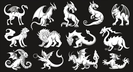 Fototapeta premium An illustration of Medieval Heraldic creatures including a unicorn, dragon, and griffin, all modern symbols. Heraldry illustration of mythic creatures, a unicorn, dragon, and pegasus, a mermaid with