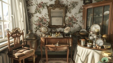 A guest room with a vintage theme, showcasing antique furniture, floral wallpaper, and a collection of old-fashioned trinkets on a vanity table.