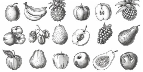 Farm apple, mango, pineapple, watermelon, orange, banana, lemon, pear, plum, kiwi, avocado, and grapefruit sketches of modern fresh garden food.