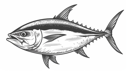 Bluefin predatory schooling fish isolated monochrome sketch. Modern fishing sport mascot, tunny underwater animal. Microscopic Scombridae mackerel, predatory schooling fish hand drawn, tribe