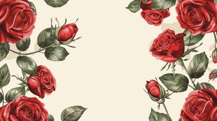 Naklejka premium With rose sketch flowers on a red background, this modern funeral card offers deepest sympathy typography. This is a vintage card with blossom border, with a funeral frame with roses and leaves on