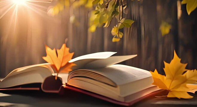 Open book with fallen leaves on wooden table