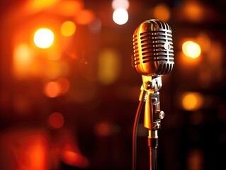 Vintage Microphone on Stage with Blurred Background, Perfect for Podcasting or Singing in Bars and Clubs. High-Quality Audio Concept with Copy Space.