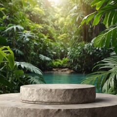 a stone sitting on a table with a plant in the background