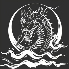 In this isolated monochrome sketch icon, you can see a sea serpent dragon, a legendary leviathan dragon or some mythical sea creature, an underwater beast, fish or tidal wave creatures.