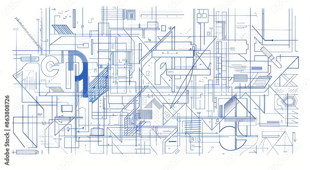 Fototapete modern blueprint typeface, geometric sketch cover letter, architect or engineer typeface. technical 