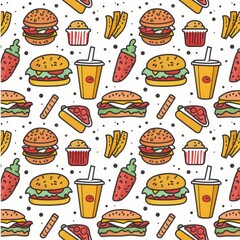 The seamless pattern consists of sketched burgers, cheeseburgers, sandwiches, hot dogs, pizza slices and fries, popcorn, soda cups and ice cream cones.