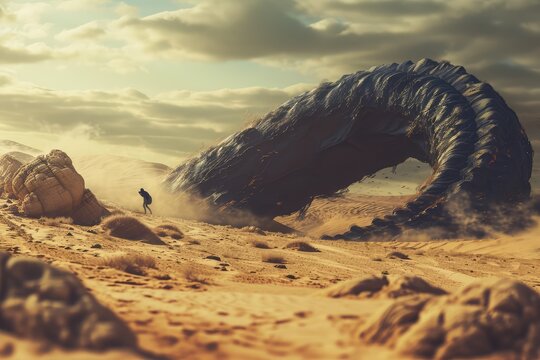 Huge Sand Worm, Giant Sandworm Raising Up From the Desert Depths, Little Man in Black