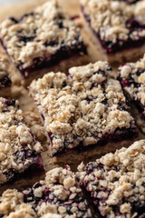 Baked oatmeal bars or crumble squares with fresh blueberry close up. Menu, recipe