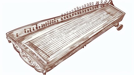 This is a sketch of a zither musical instrument with a modern retro chord. The stringed wooden object is isolated.