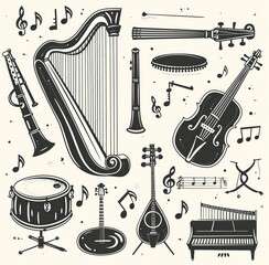Initiated sketches of music instruments from around the world. Features harps, bugles, cornets, clarinets, balalaikas, lyres, and tubas, as well as vintage instruments like gusli, saz, tars, and