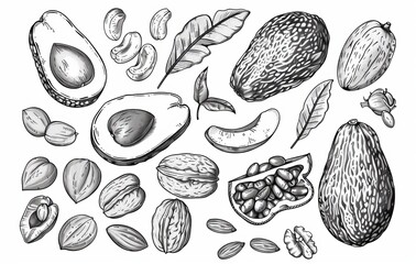 Isolated sketch objects of nuts, beans and cereal seeds. Coconut, hazelnut and peanut, walnut in shell, pistachio and almond, pumpkin and sunflower seeds, coffee, bean pods and wheat ears.