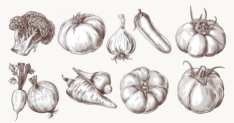 Fototapeta premium Modern sketches of fresh farm vegetables. Tomato, carrot, broccoli, cabbage, pepper, onion, garlic, radish, cauliflower, zucchini, corn, peas and pumpkin are isolated among many others.