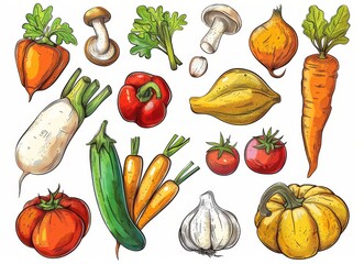 Various vegetables icons isolated on black background. Cauliflower, tomato and broccoli, bell pepper and beet, radish and bean, corn and garlic, asparagus, zucchini and pumpkin, carrot and cabbage.