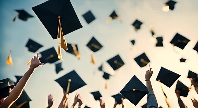 Crowd throwing graduation caps into the air during graduation celebration.