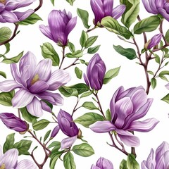 Seamless pattern with blooming magnolia flowers and leaves on white background. Spring floral design for fabric, textile, wallpaper