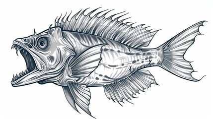 Fototapeta premium Fish with jaws: lyngbakr hafgufa underwater beast fish isolated monochrome sketch icon. Mythical sea creature dragonfish, underwater dinosaur living on ocean floor.