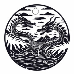 Sea serpent, Leviathan mythical creature in Judaism, isolated monochrome sketch. Modern Selma norwegian folklore monster. Legendary dragon, water dinosaur, underwater beast.