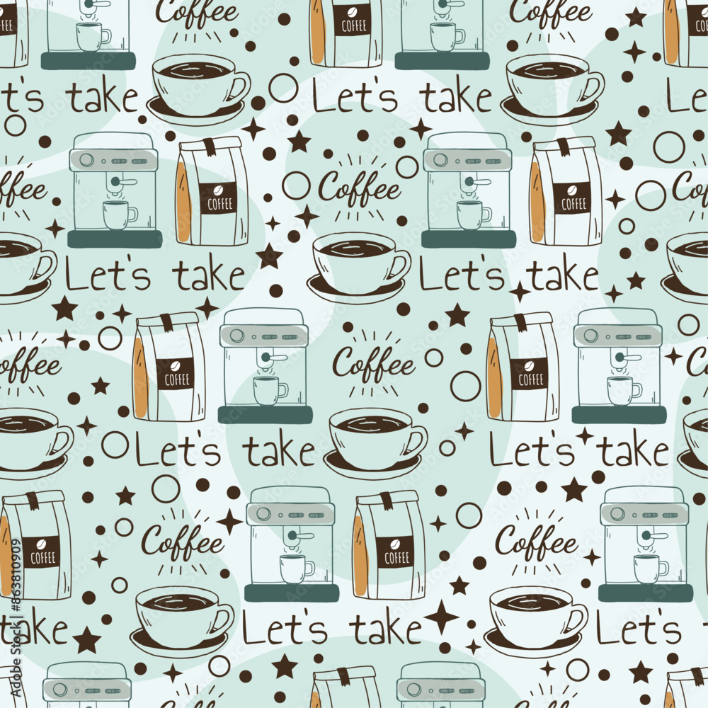 Poster drawn coffee pattern. stylish and seamless vector pattern with coffee maker, bag of beans, cup of br