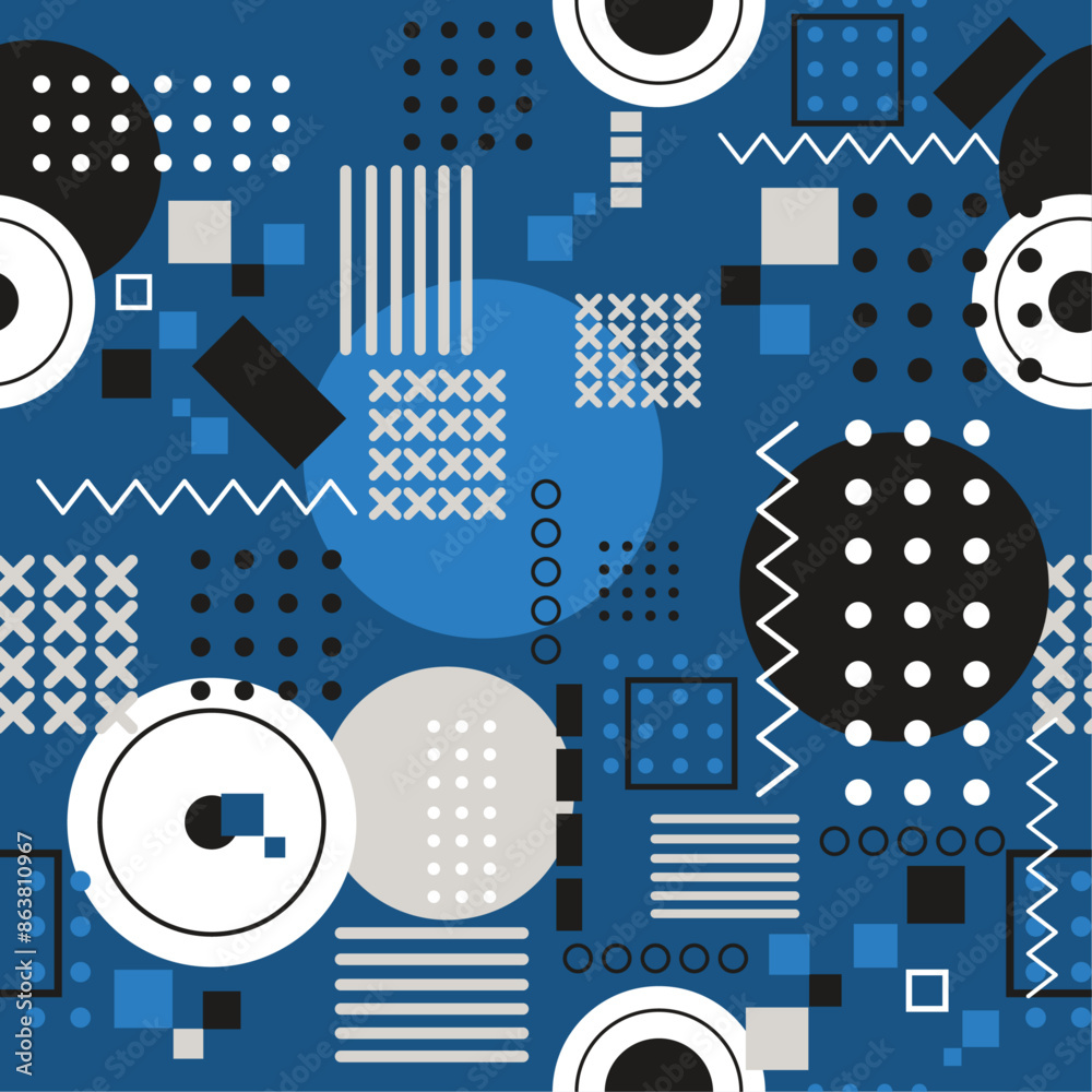 Poster geometric blue pattern. repeating texture of circles, crosses, zigzags, abstract composition of geom