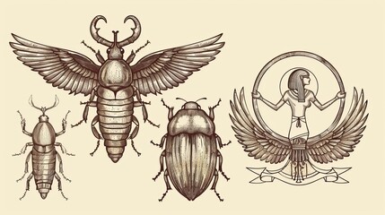 Sacred eagle and scarab, ancient Egyptian amulet, mythology deity of Amun Ra in a hand drawn drawing.