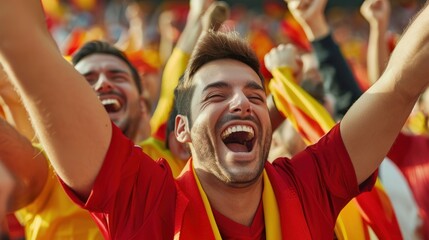 Exuberant Crowd of Spanish Fans Celebrating at a Football Match, Immersed in the Game Generative ai