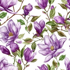 Seamless Pattern of Watercolor Magnolia Flowers and Leaves on White Background