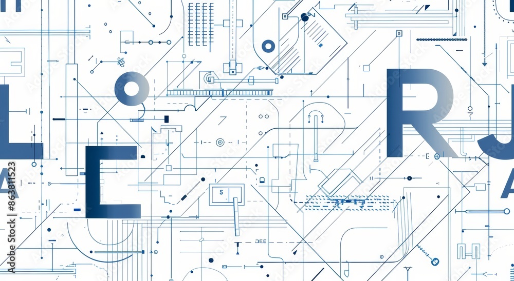 Fototapete modern blueprint typography, technical drawing drawings, architecture abc text or engineer geometric