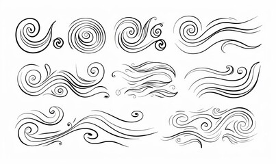 Fototapeta premium Doodle air wind motions, hurricane blows, windy storm waves, modern cartoon effects in line art. Autumn wind in speed motion, winter hurricane clouds, or summer breeze in spiral clouds.