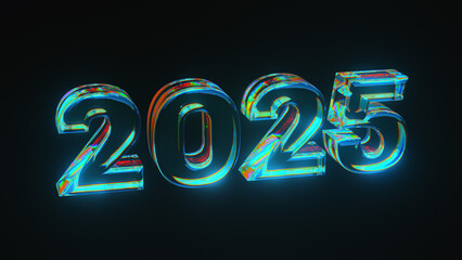 Blue Colorful Glowing Shine Number 2025 Glass Dispersion Texture Effect Against Black Background 3D Rendering