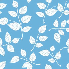 Fototapeta premium Seamless floral pattern with white tree branches and leaves on a blue background. Nature, spring, and environment concept. Ideal for fabric, wallpaper, and textile designs.