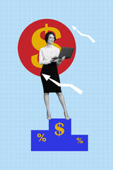 Composite trend sketch image photo collage of young business woman hold laptop work earn money dollar usd stats arrow grow win first place