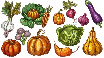 The old fashioned sketches show cabbage and pumpkins, eggplant and corn, bell peppers and asparagus, broccoli and garlic, daikon and kohlrabi, pattypan squash and radish.