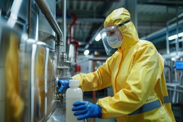 Portrait of a worker in protective clothing cleaning food processing equipment, photorealistic, high detail, professional environment, studio lighting,