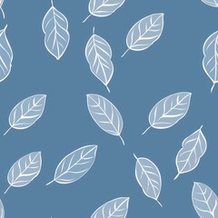 Fototapeta premium Seamless pattern with white leaves on blue background. Minimalist botanical print for fabric, wallpaper, wrapping paper. Nature, spring, summer, floral design.