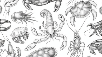 Ocean life seamless pattern with lobster crabs, shrimp, prawns, turtles, squids and crayfish. Modern sketch of sea life.